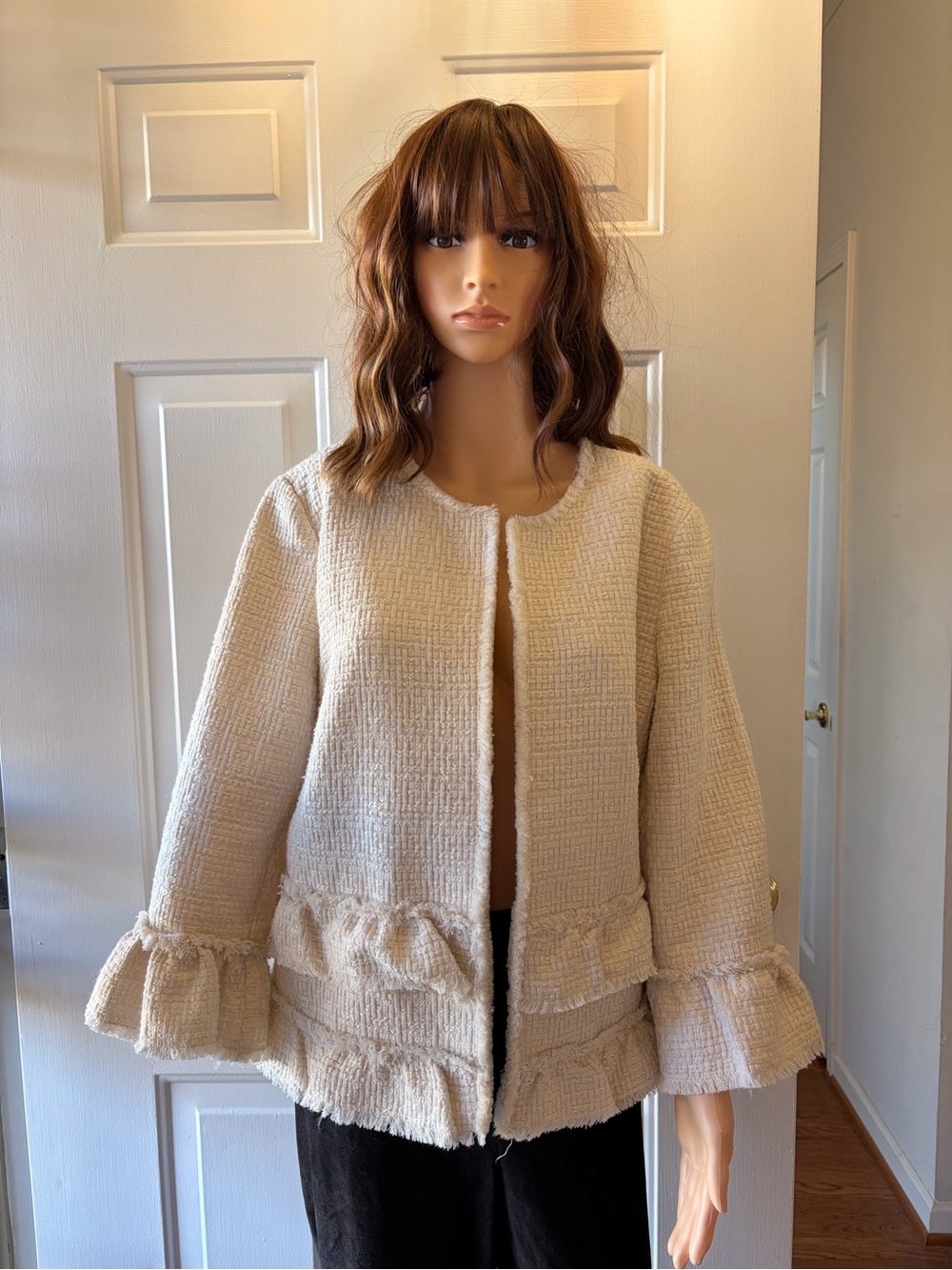 Ann Taylor Cream Textured Ruffle Jacket - Picture 2 of 5